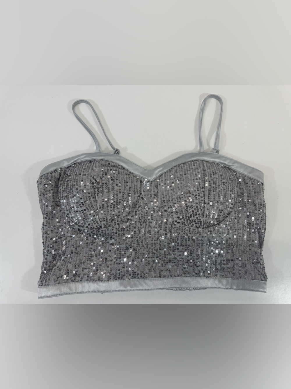 Steve Madden Silver Sequin Bralette Crop Top spaghetti strap Large festival